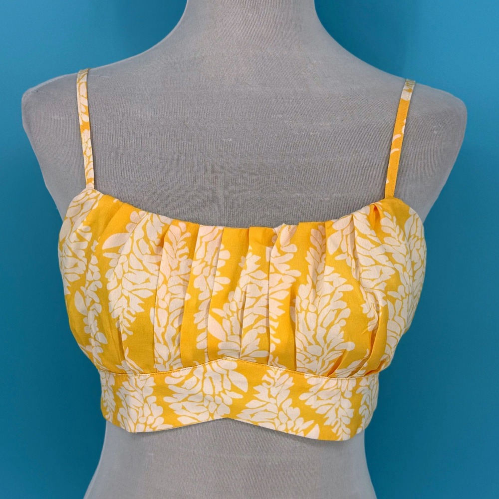 Glamaker Womens Yellow White Floral Pleated Crop Top Back Tie Size L Summer Boho
